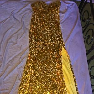 Custom Gold Sequin Gown with Slit. Sweetheart Strapless. Stretch. Size 0-2.Small